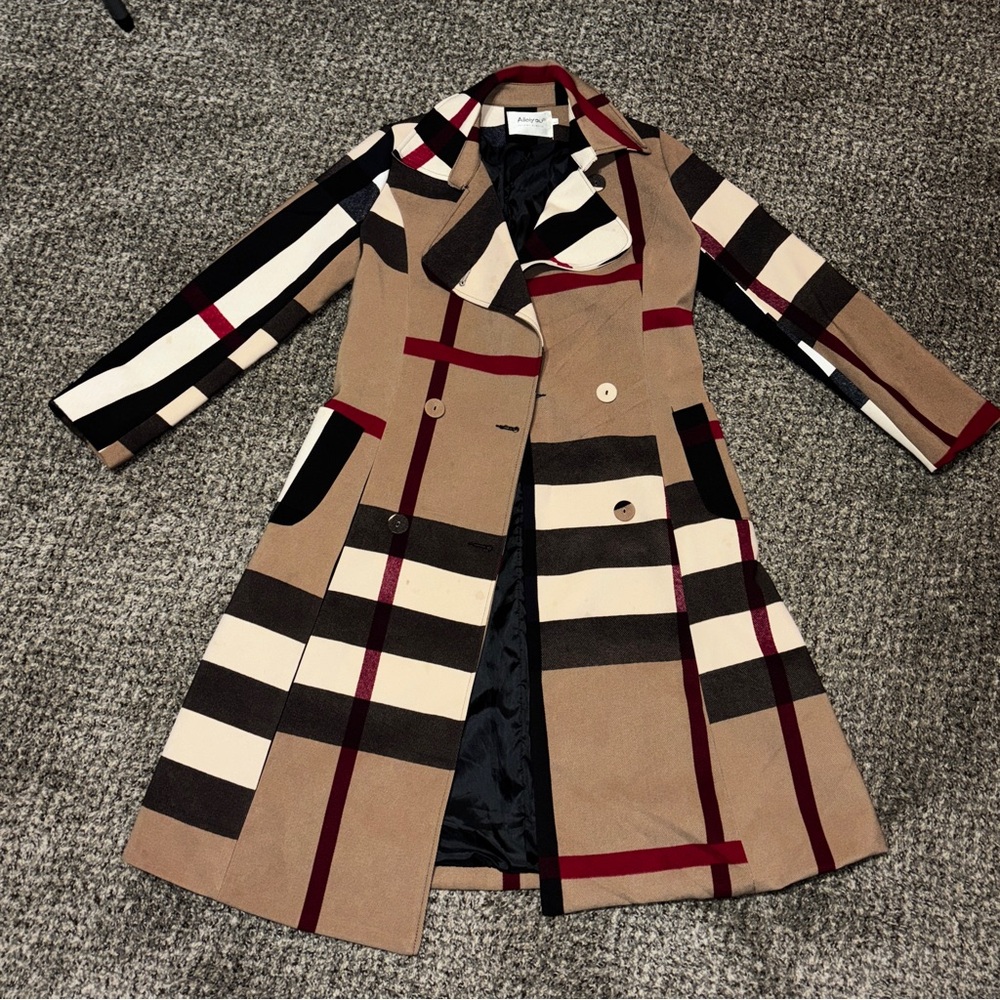Stylish Tan and Black Striped Trench Coat